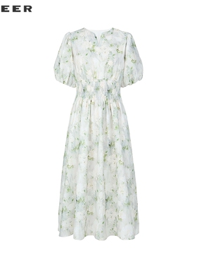 sdeer圣迪奥女装25年新品田园风V领印花短袖连衣裙S252Z1290