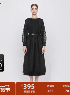 sdeer圣迪奥女装圆领风琴褶收腰印花网纱连衣裙S244Z1263