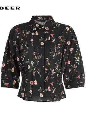 sdeer圣迪奥女装25年新品田园风翻领印花压褶中袖衬衫S252Z0412