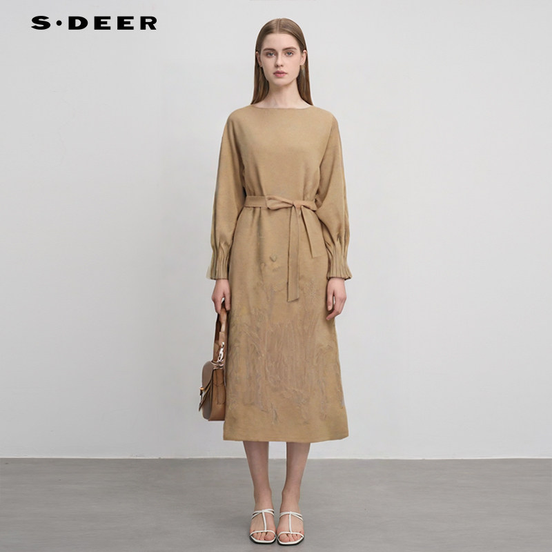 【反季清仓】sdeer圣迪奥女装优雅收腰织带毛呢连衣裙S244Z1242