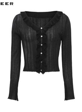 sdeer圣迪奥女装木耳边V领修身开衫针织衫S242Z3510