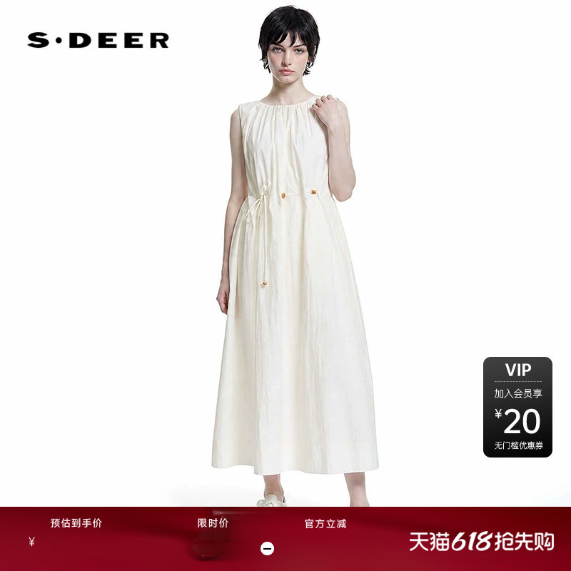 sdeer圣迪奥女装26年新品极简风圆领收腰抽褶无袖连衣裙