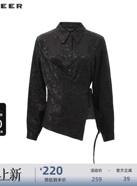 sdeer圣迪奥女装复古翻领印花收腰不规则长袖衬衫S242Z0501