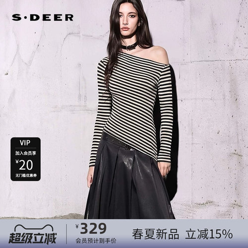 sdeer圣迪奥女装26年新品不规则领露肩撞色条纹长袖T恤S26180207
