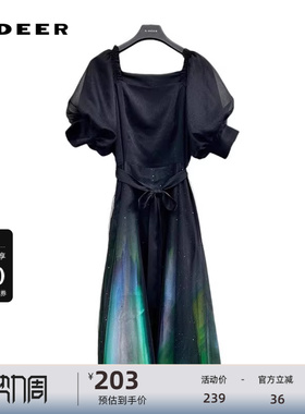 sdeer圣迪奥女装方领收腰晕染网纱泡泡袖连衣裙S233Z1233