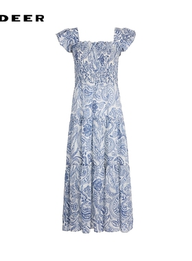 sdeer圣迪奥女装25年新品度假风方领印花荷叶边连衣裙S252Z1281