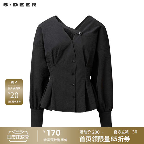 s.deer复古V领压褶泡泡袖衬衫