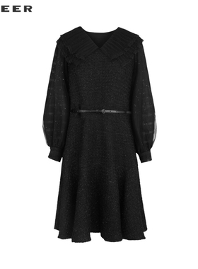 sdeer圣迪奥女装V领荷叶边收腰网纱毛呢连衣裙S233Z12T1