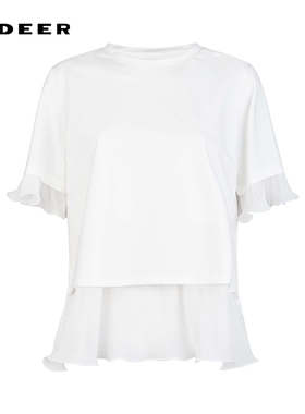 sdeer圣迪奥女装25年新品田园风圆领荷叶边拼接短袖T恤S252Z0132