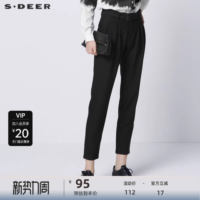 【sdeer奥莱】圣迪奥女装秋休闲系带压褶插袋黑色九分裤S213