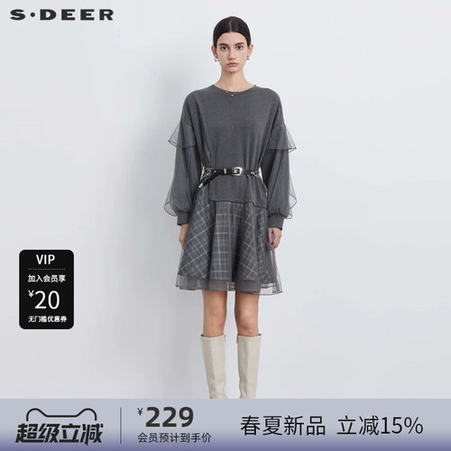 s.deer格纹网纱拼接卫衣连衣裙