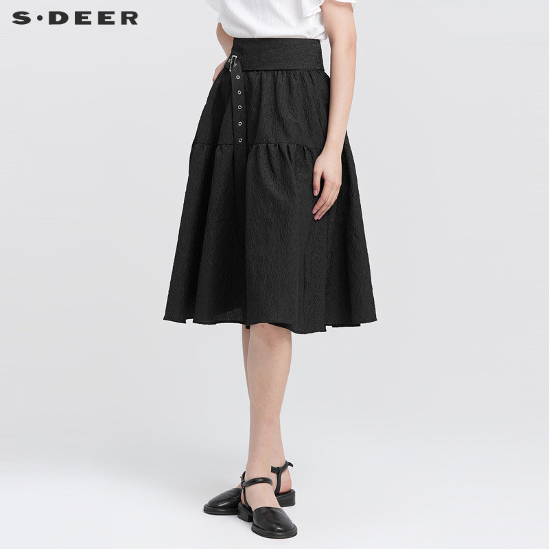 sdeer圣迪奥女装高腰收腰肌理褶皱A字长裙蓬蓬裙S222811