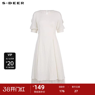 sdeer圣迪奥女装V领网纱拼接短袖连衣裙S223Z122W