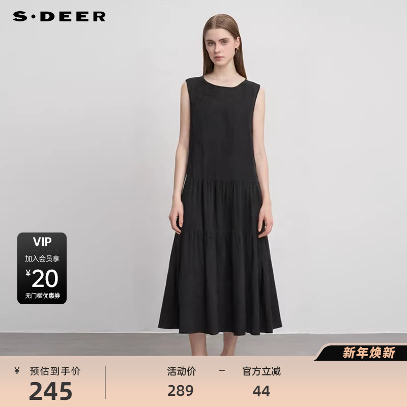 sdeer圣迪奥女装复古圆领盘扣碎褶无袖连衣裙S244Z1204