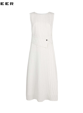 sdeer圣迪奥女装25年新品OL风圆领收腰条纹无袖连衣裙S252Z1262