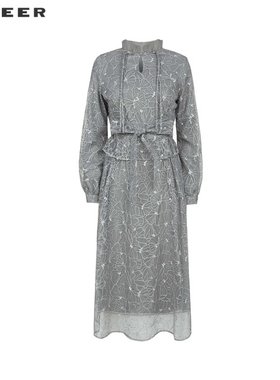 sdeer圣迪奥女装木耳边圆领绣花网纱长袖连衣裙S241Z1295