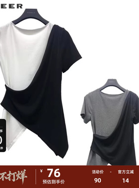 sdeer圣迪奥女装休闲圆领撞色不规则短袖T恤S223Z0151