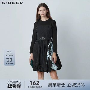 sdeer圣迪奥女装秋圆领收腰撞色印花连衣裙S221Z1218