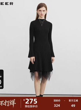 sdeer圣迪奥女装半高领网纱针织长袖连衣裙套装S224Z1233