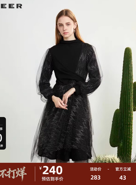 sdeer圣迪奥女装时尚圆领拼接网纱条纹连衣裙S231Z1256