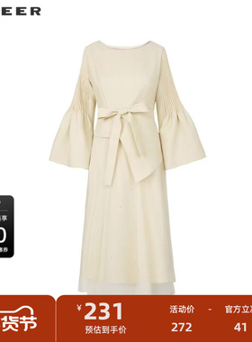 sdeer圣迪奥女装秋圆领压褶收腰网纱喇叭袖连衣裙S241Z1252