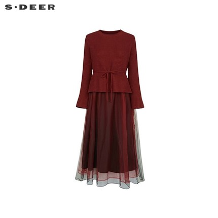 sdeer圣迪奥女装圆领收腰网纱针织连衣裙套装S234Z1424