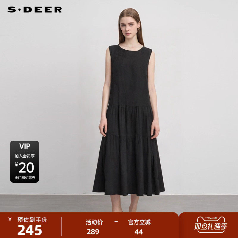 sdeer圣迪奥女装复古圆领盘扣碎褶无袖连衣裙S244Z1204