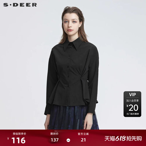 s.deer休闲抽褶黑色长袖衬衫