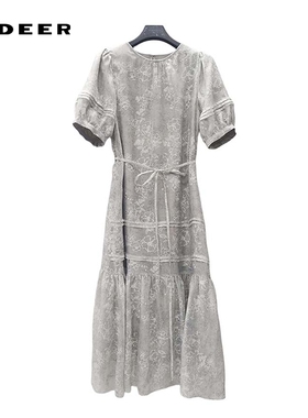 sdeer圣迪奥女装25年新品田园风圆领印花收腰连衣裙S252Z1233