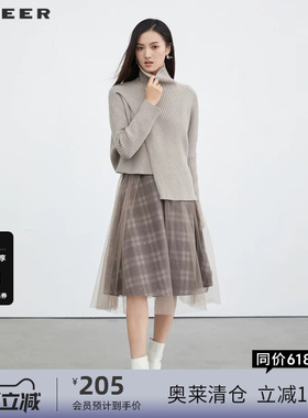 sdeer圣迪奥女装高领格纹网纱针织两件连衣裙S223Z1446