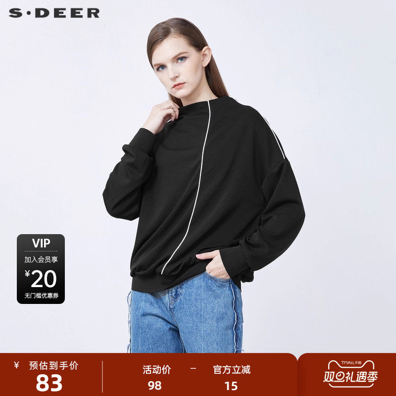 sdeer圣迪奥女装一字领撞色线条罗纹黑色长袖T恤S214802