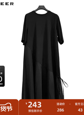 sdeer圣迪奥女装时尚圆领拼接系带宽松连衣裙S243Z1237