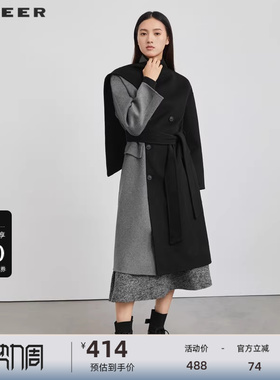 sdeer圣迪奥女装不规则领撞色收腰毛呢长款大衣S223Z2505