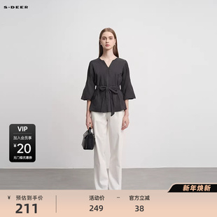 S233Z0402 不规则衬衫 sdeer圣迪奥女装 V领收腰喇叭袖