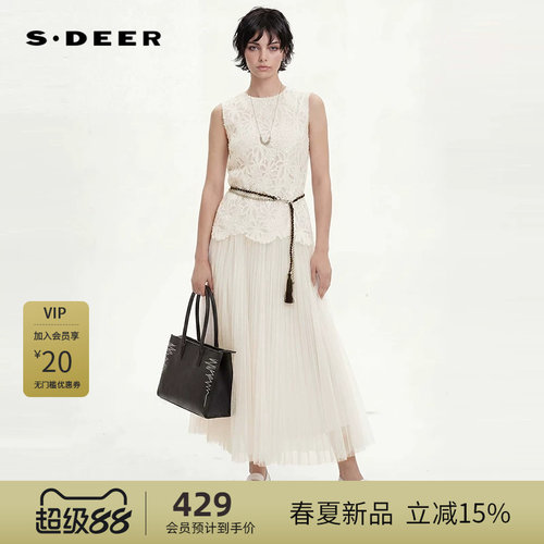 sdeer圣迪奥女装26年田园圆领盘花网纱拼接无袖连衣裙S262Z1243