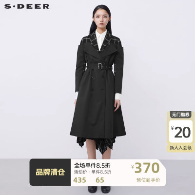 S·DEER圣迪奥女装休闲西装领格纹拼接收腰长款风衣S21381808