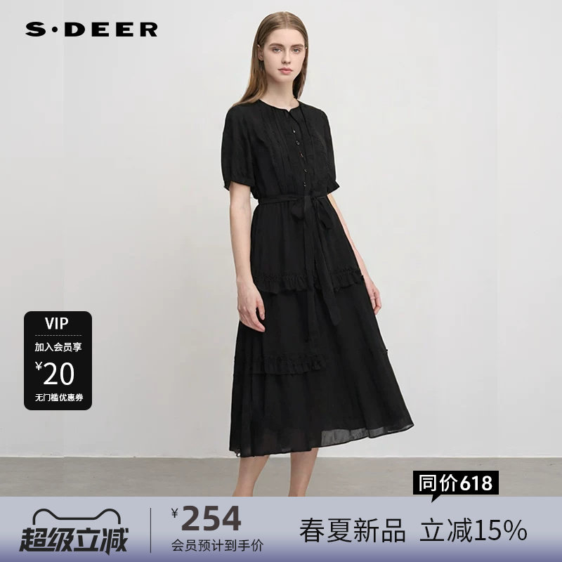 sdeer圣迪奥女装系带圆领风琴褶收腰花边连衣裙S242Z1210