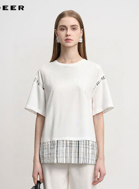 sdeer圣迪奥女装时尚圆领撞色格纹拼接短袖T恤S252Z0106