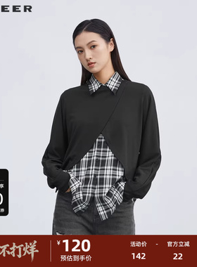 【sdeer奥莱】圣迪奥秋休闲格纹不规则针织长袖衬衫套装S223Z1430