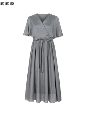 sdeer圣迪奥女装V领盘扣收腰荷叶边新中式连衣裙S233Z1265