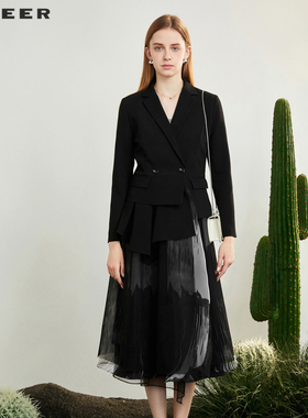 sdeer圣迪奥女装西装领晕染网纱拼接长款风衣S231Z1809