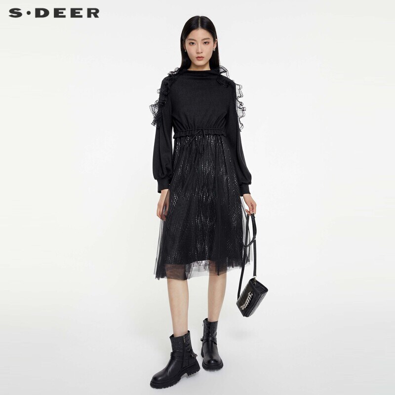 sdeer圣迪奥女装圆领荷叶边条纹收腰网纱连衣裙S231Z1213