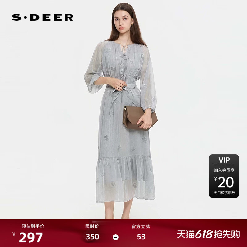 sdeer圣迪奥女装25年新品复古圆领绣花收腰长袖连衣裙S253