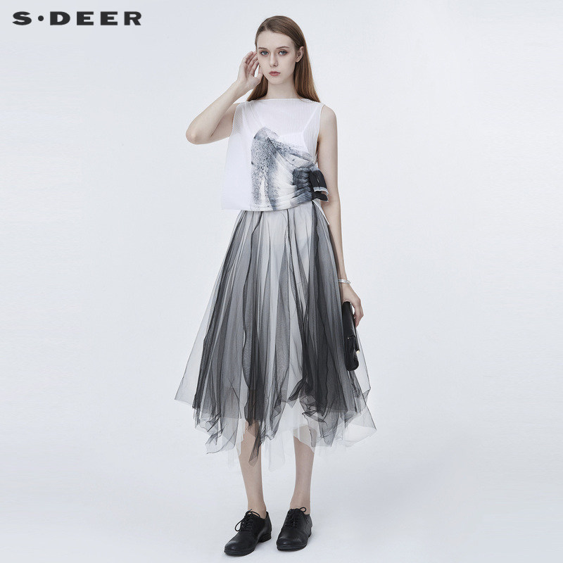 【新品上新】sdeer圣迪奥一字领肌理拼接网纱连衣S202812