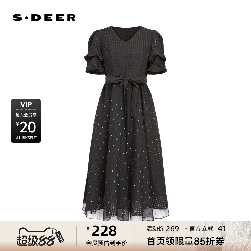 sdeer圣迪奥女装V领肌理收腰波点网纱连衣裙S232Z12R3图片