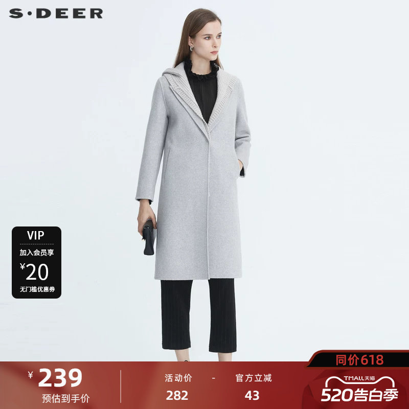sdeer圣迪奥女装个性连帽针织拼接中长款毛呢大衣S204818