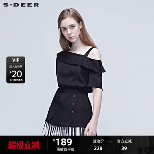 甜美创意领型抽绳收腰开衩下摆露肩上衣S19280471 sdeer圣迪奥女装