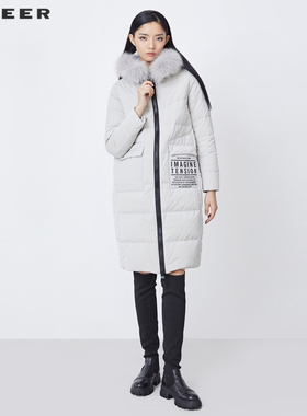 S·DEER圣迪奥女装毛领连帽撞色字母长款羽绒服S214Z2433