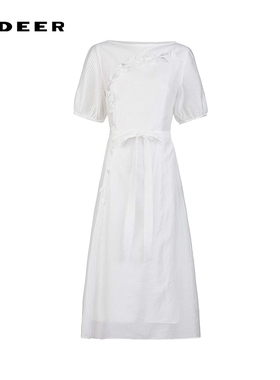 sdeer圣迪奥女装25年新品田园风圆领花朵收腰短袖连衣裙S252Z1264