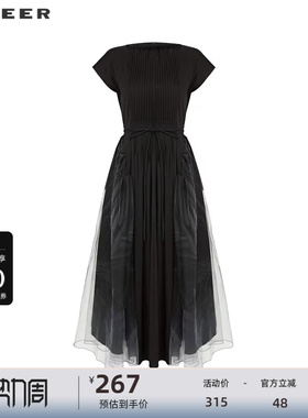sdeer圣迪奥女装圆领风琴褶收腰晕染网纱连衣裙S233Z1247